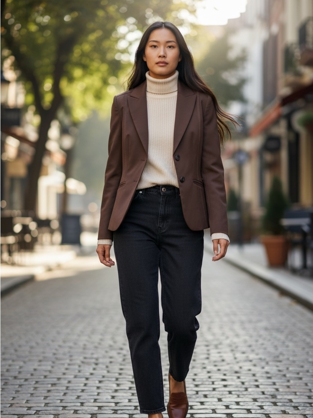 Laurel By Escada Designer Rich Brown Tailored Fit Welt Pocket Timeless Blazer